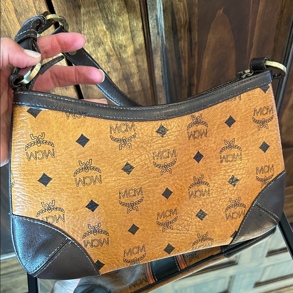 MCM Cognac and Dark Brown Logo Shoulder Bag - Picture 11 of 14